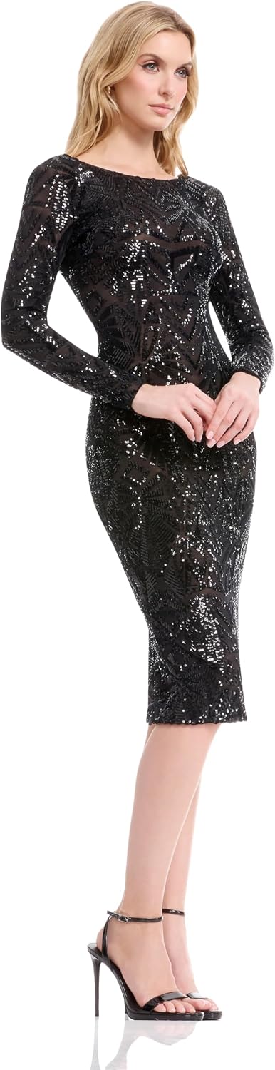 Dress The Population Womens Emery Long Sleeve Stretch Sequin Midi Sheath Ddr147