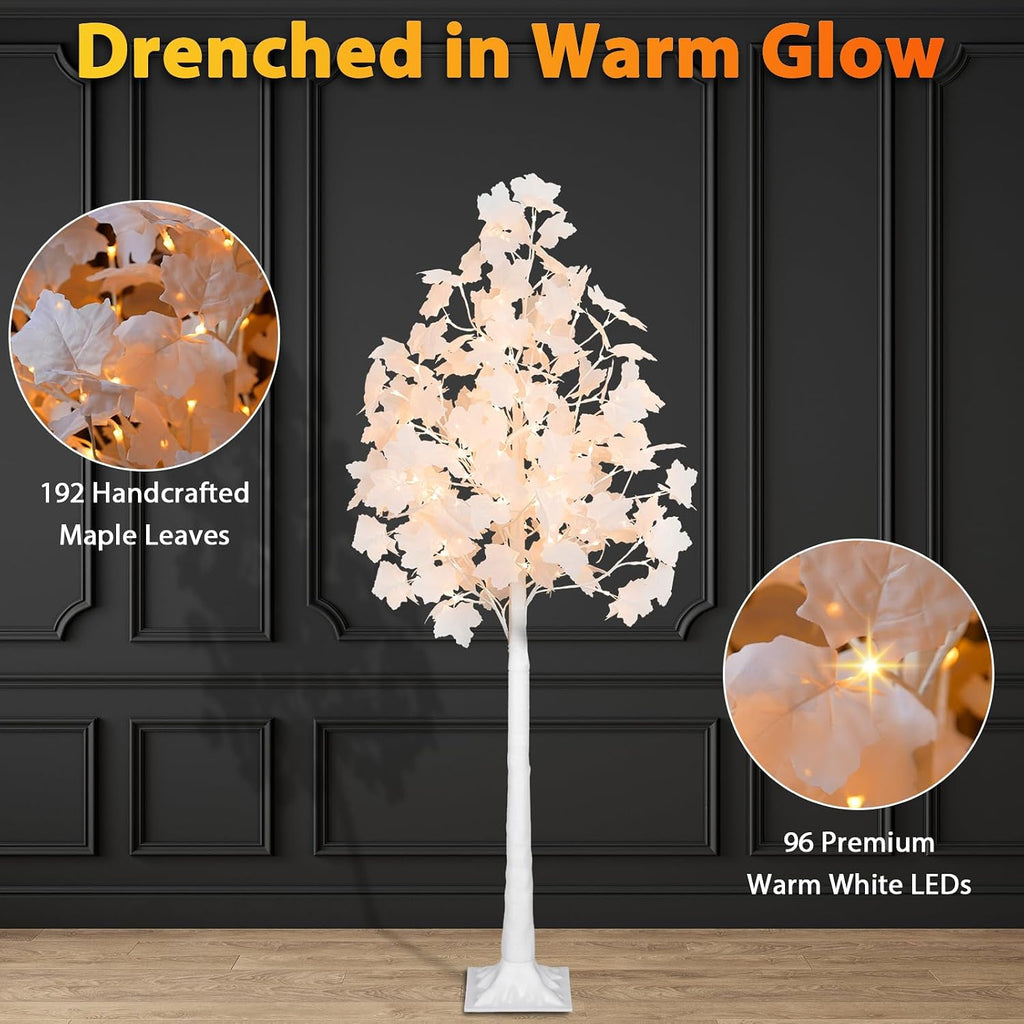 VIVATREES 5FT 96LED Lighted Maple Tree with White Leaves, Dual-Tone Lights (Cold & Warm White), Artificial Tree for Home, Festival, Party Indoor and Outdoor