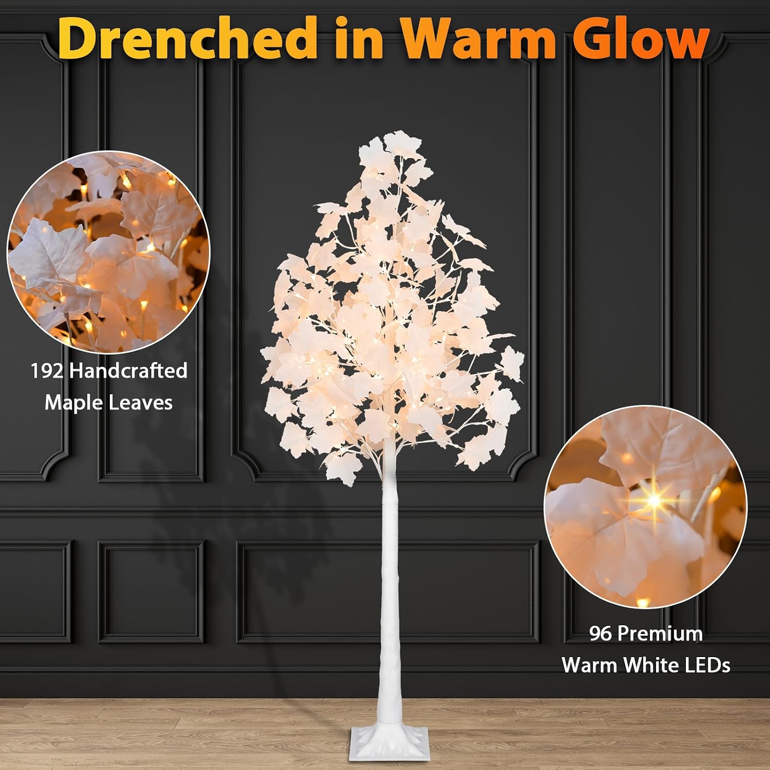 VIVATREES 5FT 96LED Lighted Maple Tree with White Leaves, Dual-Tone Lights (Cold & Warm White), Artificial Tree for Home, Festival, Party Indoor and Outdoor