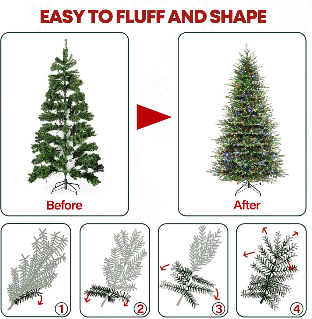 9 ft Lighted Artificial Christmas Tree, 600 Color Changing LED Lights, 5149 PE&PVC Mixed Branch Tips, Metal Base and Hinged Branches for Party, Home, Holiday, 10 Modes