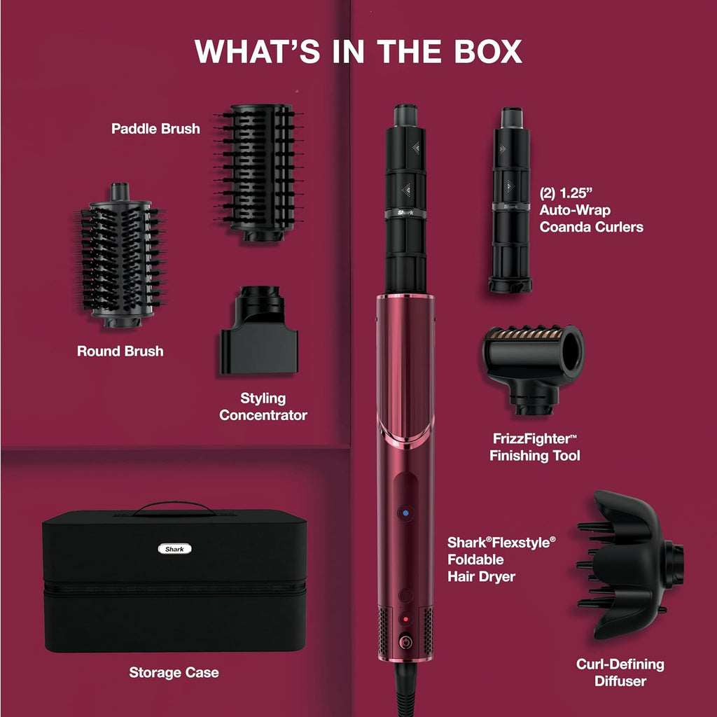 Shark FlexStyle | Air Multi-Styler & Drying System | Hair Dryer Brush for Blowouts with Coanda Auto- Wrap Curlers, Round & Paddle Brush, Diffuser & Concentrator Attachment | Black Cherry | HD457CR