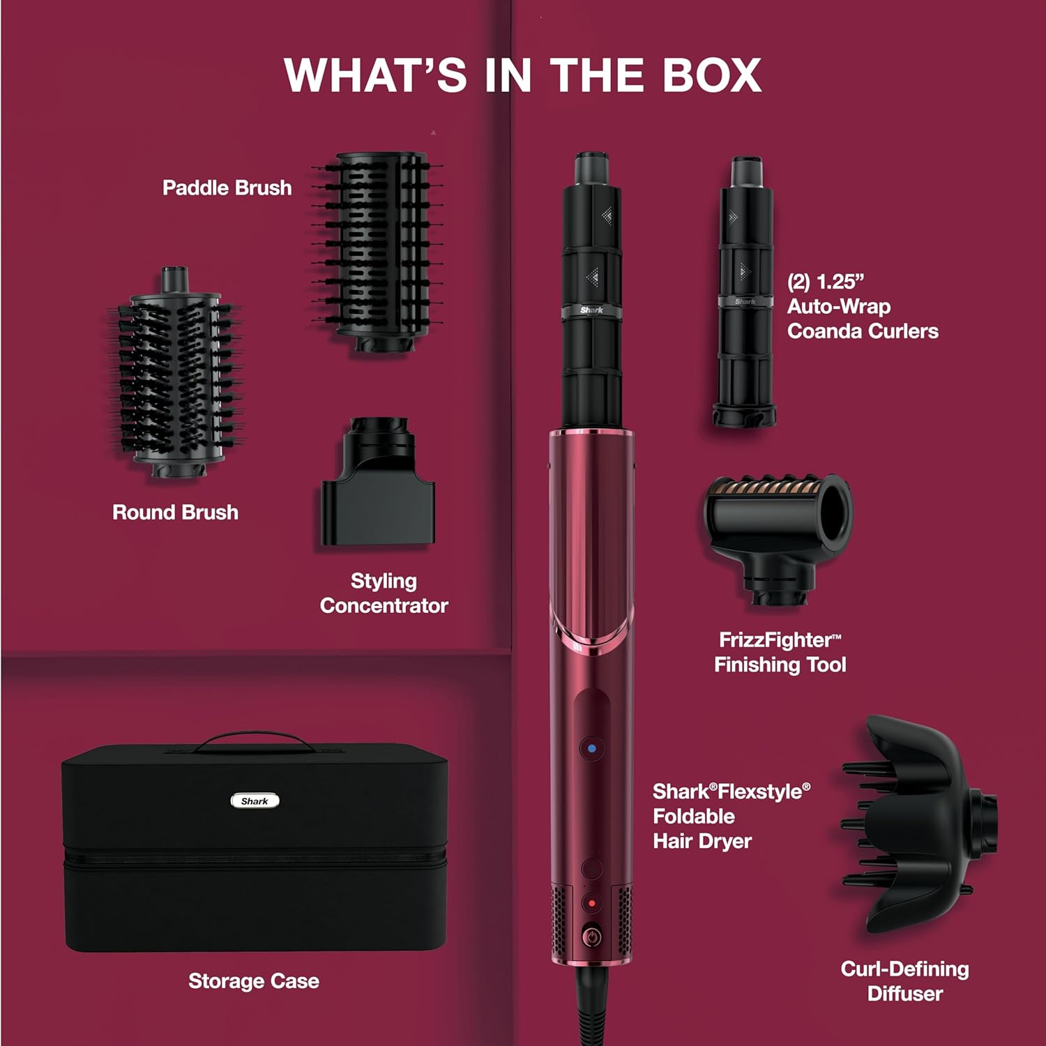 Shark FlexStyle | Air Multi-Styler & Drying System | Hair Dryer Brush for Blowouts with Coanda Auto- Wrap Curlers, Round & Paddle Brush, Diffuser & Concentrator Attachment | Black Cherry | HD457CR