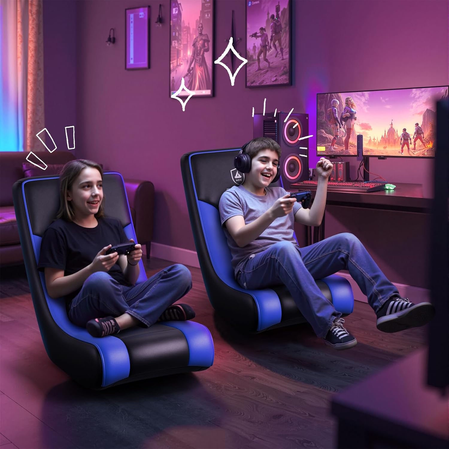 GTPLAYER Floor Rocker Gaming Chair – Adjustable Angle Limiter, Ultra Lightweight Ergonomic Floor Rocking Game Seat for Gaming and Lounging, Blue