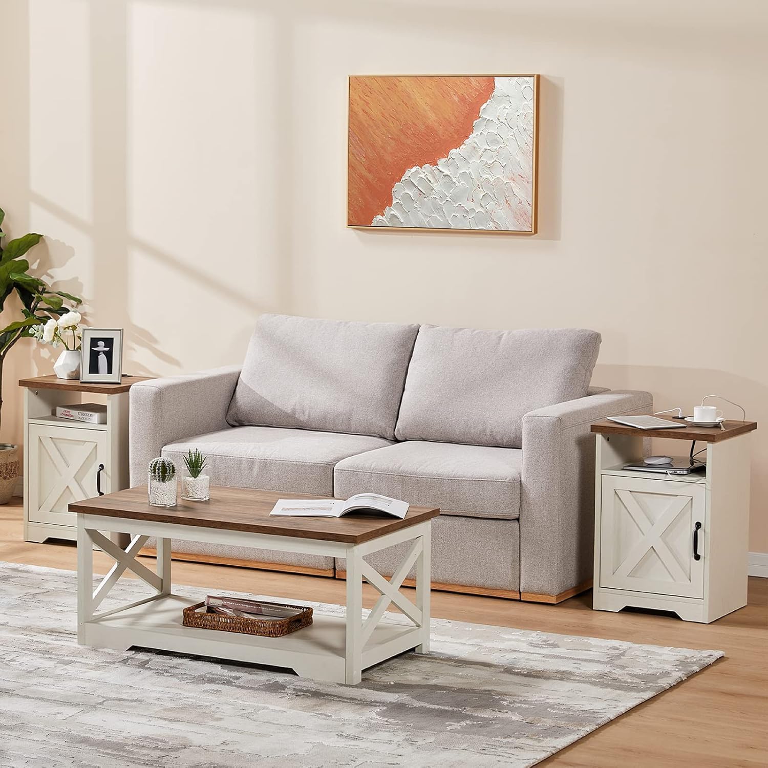 AMERLIFE 4 Pieces Living Room Table Sets, 98" Farmhouse Wall Unit TV Stand with Bookshelves & Wine Cabinet, Coffee Table & 2 End Tables with Charging Station and USB Ports, Living Room, Barnwood+White
