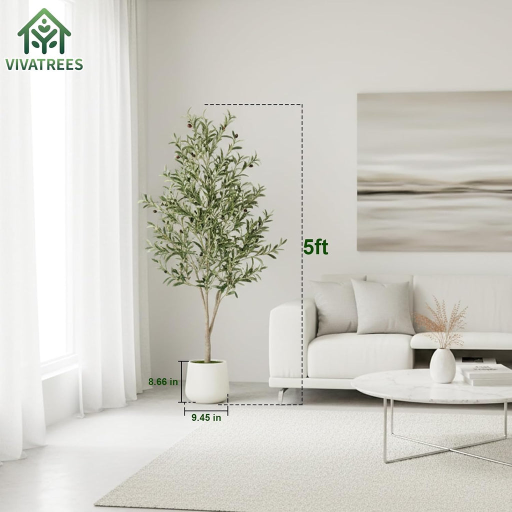 VIVATREES Olive Trees Artificial Indoor, 5 ft Faux Olive Tree with White Planter, Artificial Plants with Natural Wood Trunk and Lifelike Fruits for Home Office Decor