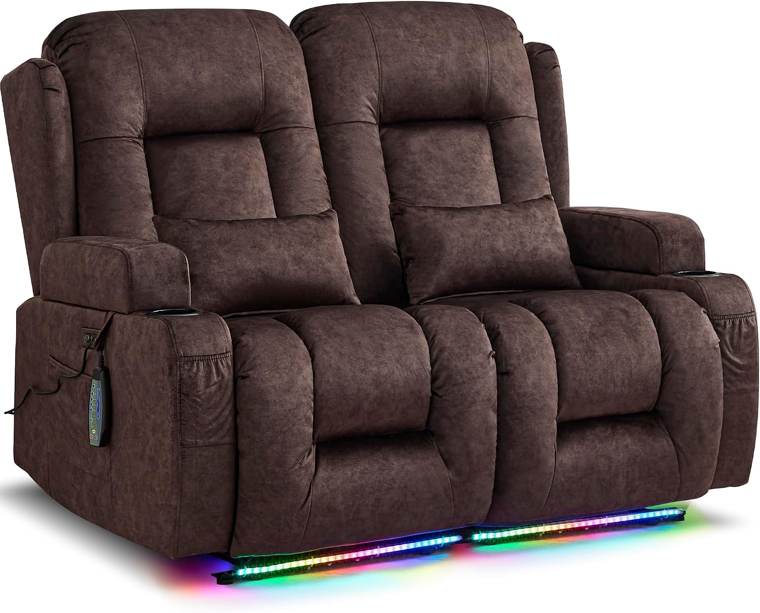 URRED Power Loveseat Recliner Sofa with Massage and Heat, Wall Hugger Reclining Loveseat, RV Couch Home Theater Seating with LED Lights for Living Room (Brown, 54" - 2 Seats)
