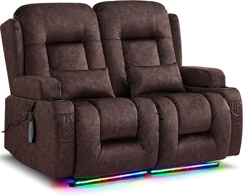 URRED Power Loveseat Recliner Sofa with Massage and Heat, Wall Hugger Reclining Loveseat, RV Couch Home Theater Seating with LED Lights for Living Room (Brown, 54" - 2 Seats)