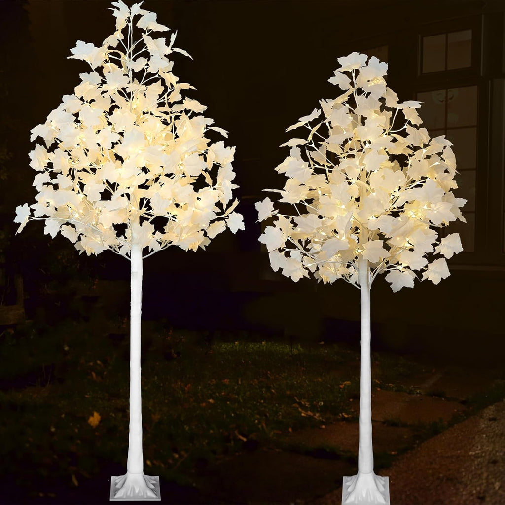 VIVATREES 5FT & 6FT Artificial Lighted White Maple Tree Set with 216 Warm White LEDs, Artificial Tree for Home, Festival, Party Indoor and Outdoor