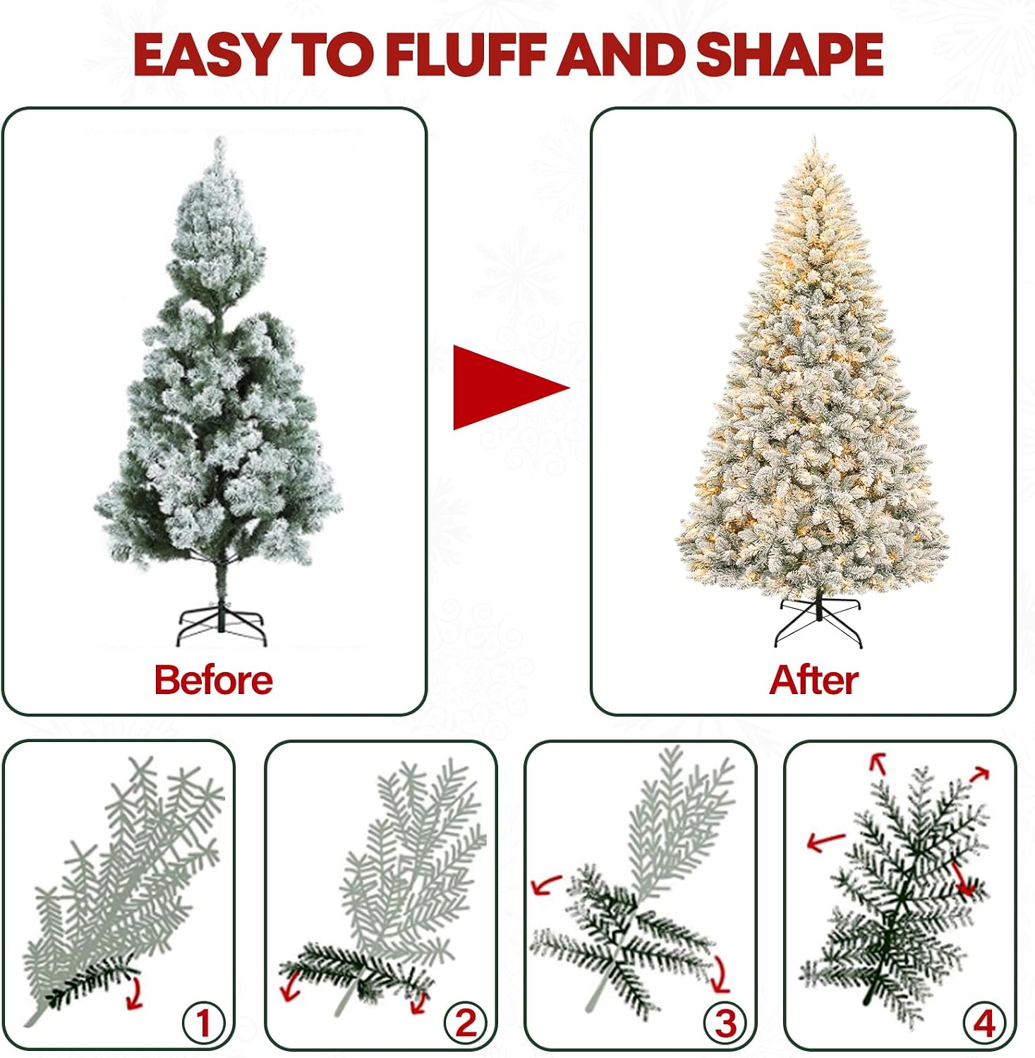 6ft Prelit Flocked Christmas Tree, Artificial Holiday Christmas Tree with 250 Warm White Lights, 1032 Branch Tips, Hinged Design & Metal Base, Easy Assembly for Indoor Decorating