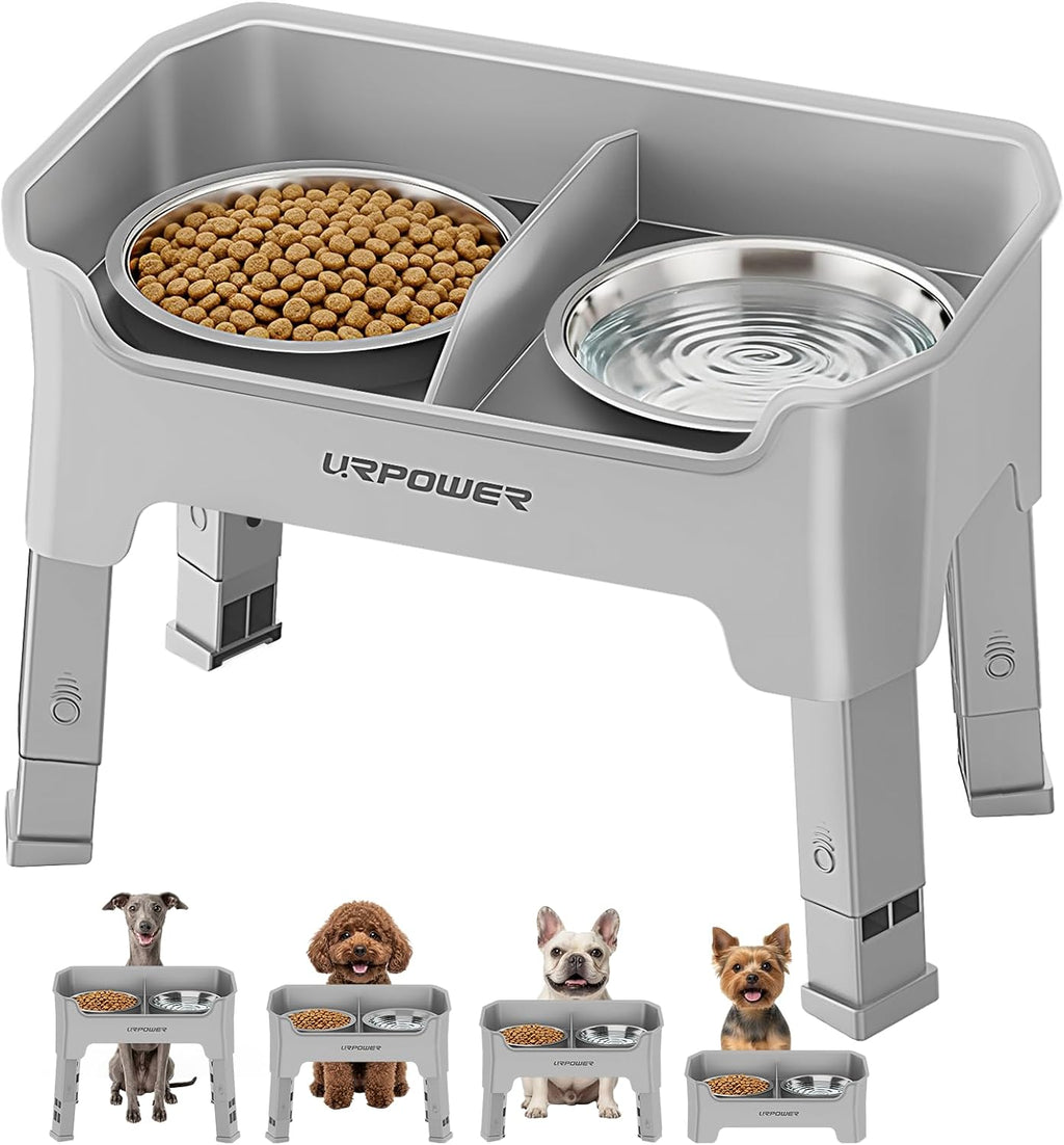 URPOWER Mess Proof Elevated Dog Bowls 4 Height Adjustable Raised Bowl Stand with 2 Stainless Steel Dog Bowls Non-Slip Food and Water Bowl Set for Small Dogs, Light Grey
