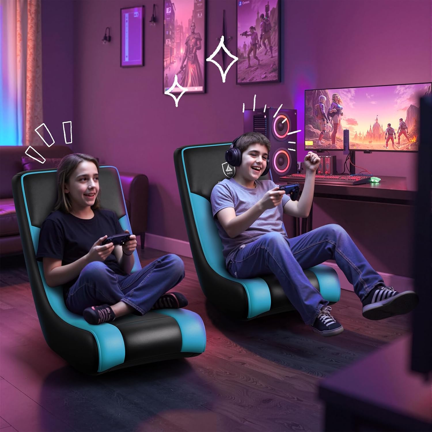 GTPLAYER Floor Rocker Gaming Chair – Adjustable Angle Limiter, Ultra Lightweight Ergonomic Floor Rocking Game Seat for Gaming and Lounging, Aqua