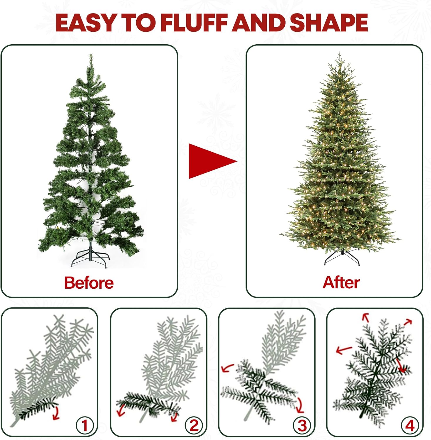 9 ft Lighted Artificial Christmas Tree, 600 Warm White LED Lights, 5149 PE&PVC Mixed Realistic Branch Tips, Metal Base and Hinged Branches Included