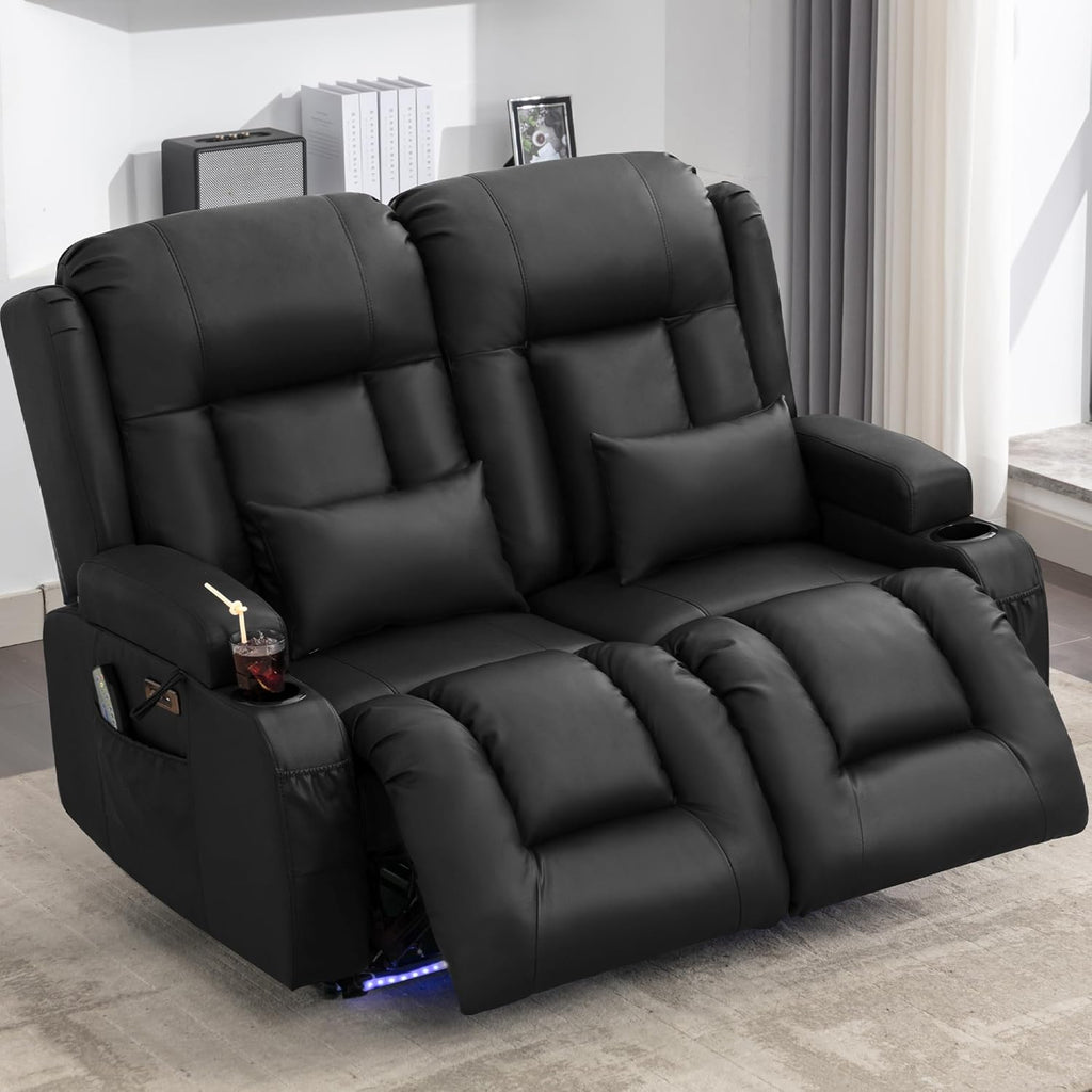 URRED Power Loveseat Recliner Sofa with Massage and Heat, Wall Hugger Reclining Loveseat, RV Couch Home Theater Seating with LED Lights for Living Room (Black, 54" - 2 Seats)