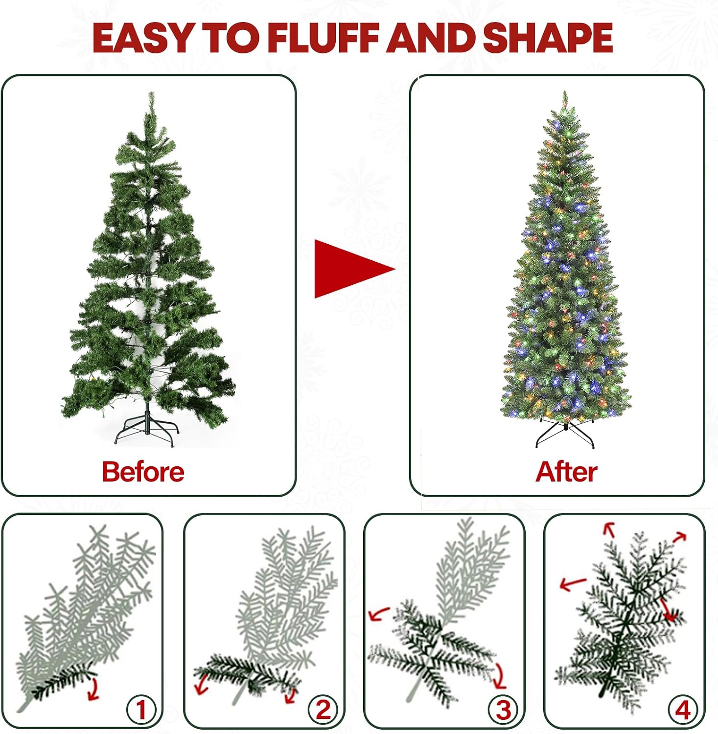 7.5 ft Prelit Pencil Slim Christmas Tree, Artificial Hinged Flocked Christmas Tree with 300 Multicolor LED Lights, Metal Base Included, 792 PVC Branch Tips, 10 Colors