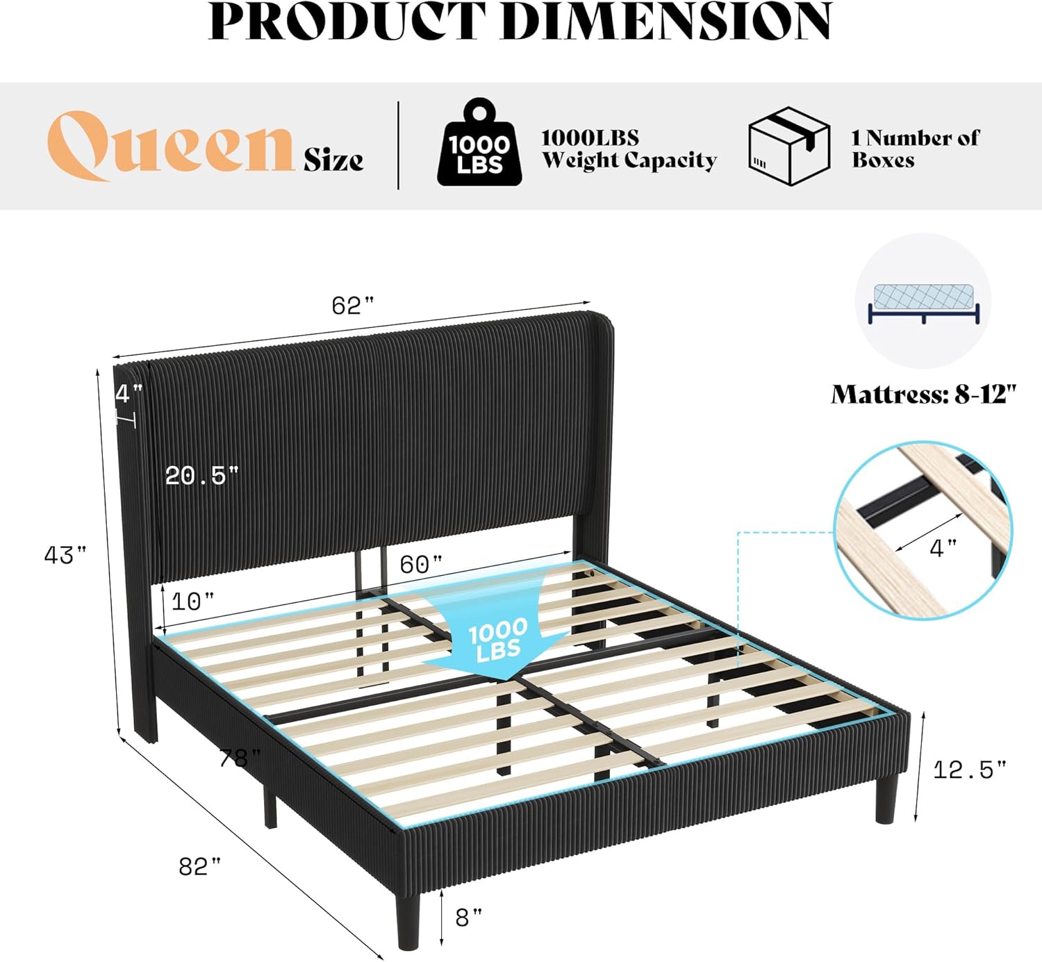 AMERLIFE Queen Bed Frame, Upholstered Platform Bed with Corduroy Headboard, Easy Assembly Modern Black Bed Frame with Wooden Slats Support, No Box Spring Needed, 8" Under-Bed Storage Clearance
