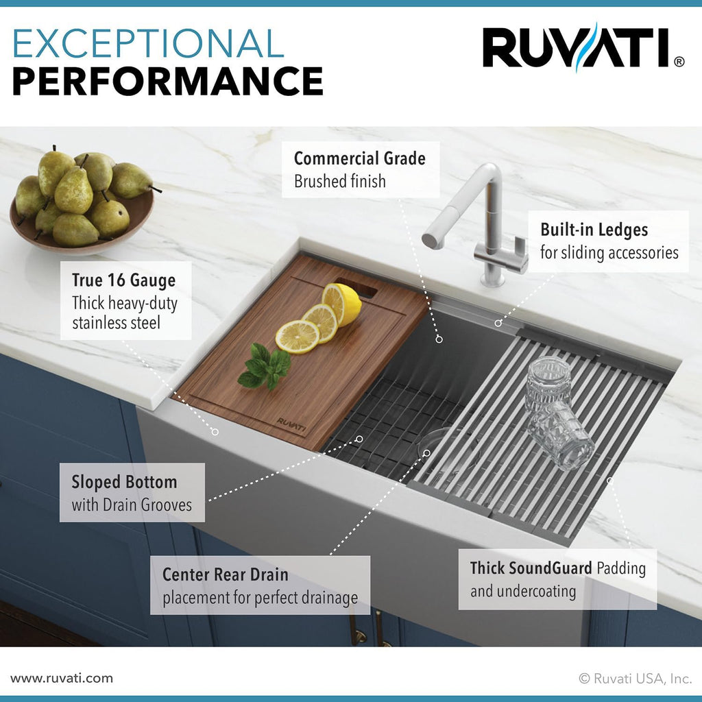Ruvati 33-inch Apron-front Workstation Farmhouse Kitchen Sink - 16 Gauge Stainless Steel Kitchen Sink Single Bowl with Brushed Finish hides scratches - Farmhouse Workstation Sinks - RVH9200