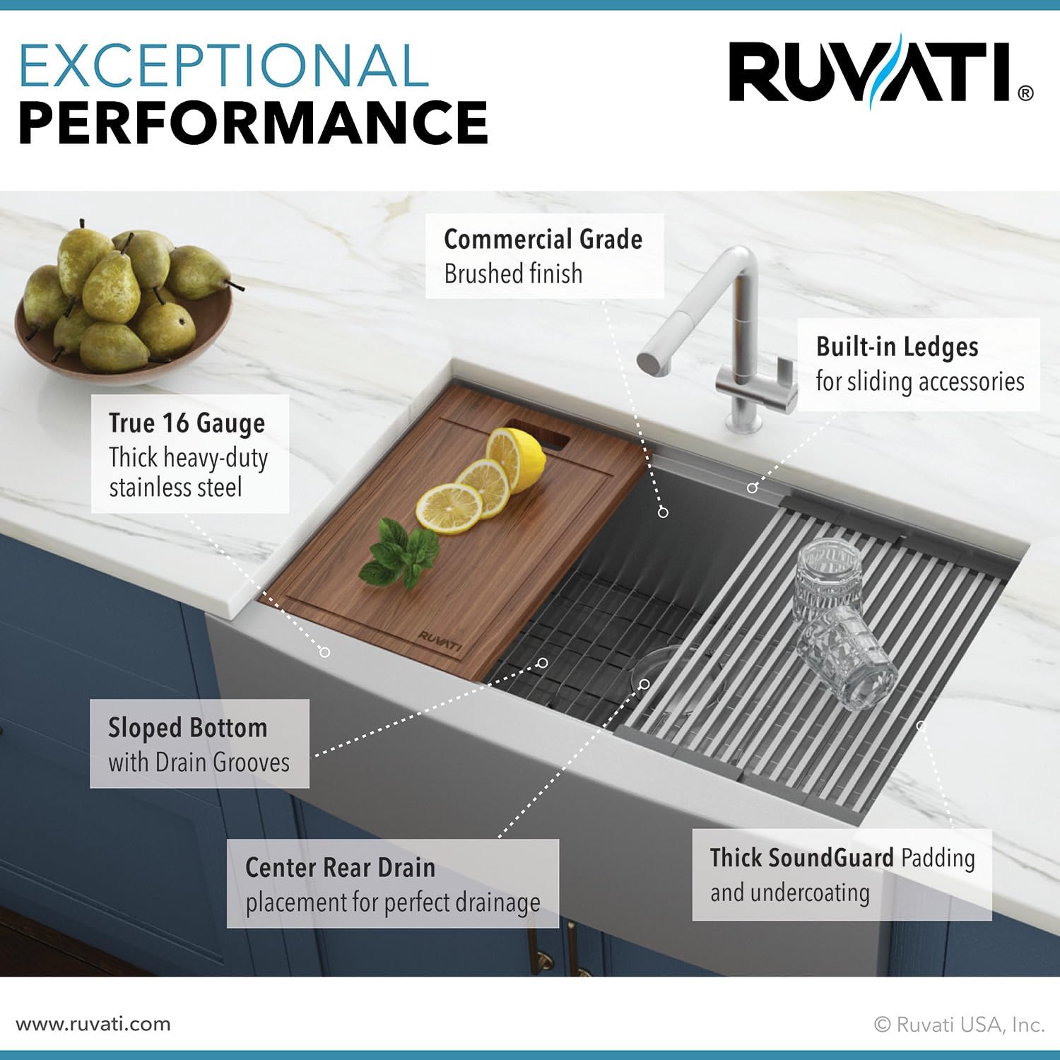 Ruvati 33-inch Apron-front Workstation Farmhouse Kitchen Sink - 16 Gauge Stainless Steel Kitchen Sink Single Bowl with Brushed Finish hides scratches - Farmhouse Workstation Sinks - RVH9200