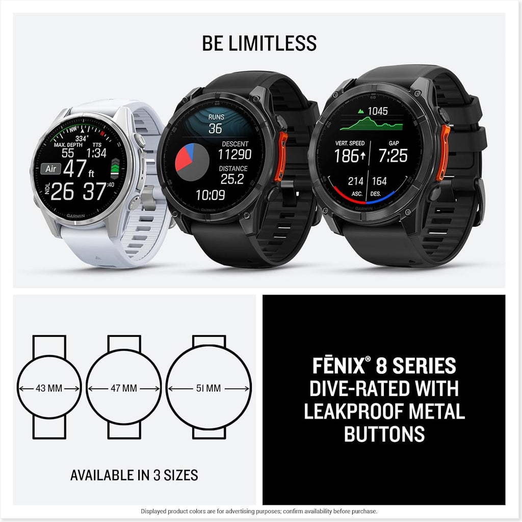 Garmin fēnix® 8 – 43mm, AMOLED, Premium Multisport GPS Smartwatch, Long-Lasting Battery Life, Dive-Rated, Built-in LED Flashlight, Silver with Whitestone Band