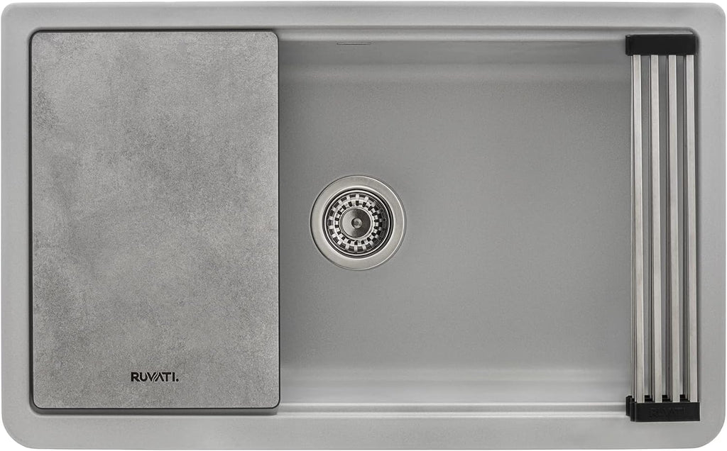 Ruvati 33-inch Matte Gray Farmhouse Granite Composite Quartz Workstation Apron-front Kitchen Sink - RVG1533GR