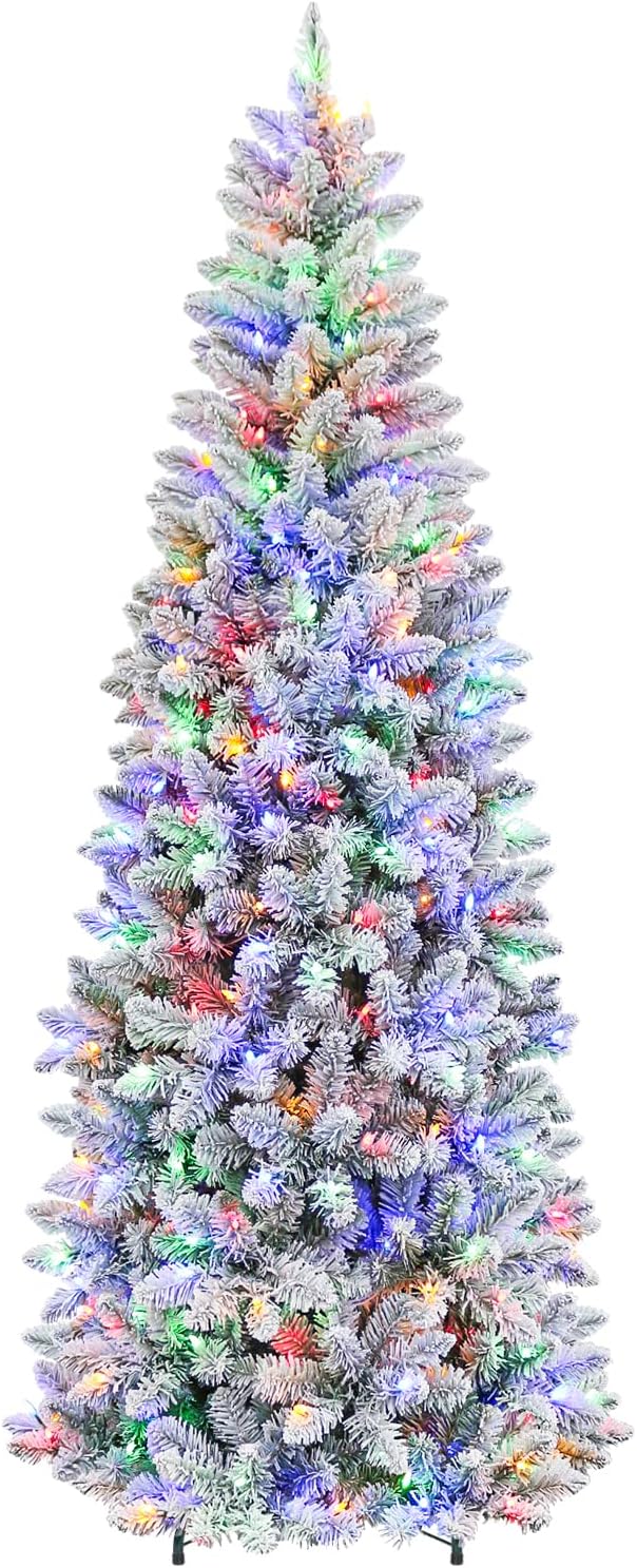 6 ft Lighted Slim Snow Flocked Artificial Christmas Tree, Premium Hinged Christmas Tree with 200 Color Changing LED Lights, 544 PVC Branch Tips, Metal Base Included, 10 Modes