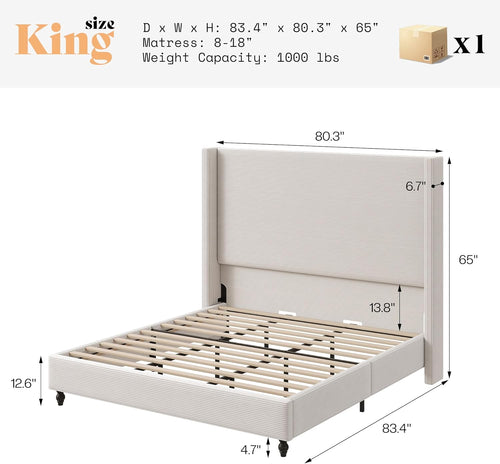 AMERLIFE King Size Bed Frame with 65" Tall Headboard, Upholstered Corduroy Bed Frame with Wingback, Platform Bed with Solid Wood Gourd Legs, Solid Slats, No Box Spring Needed, White