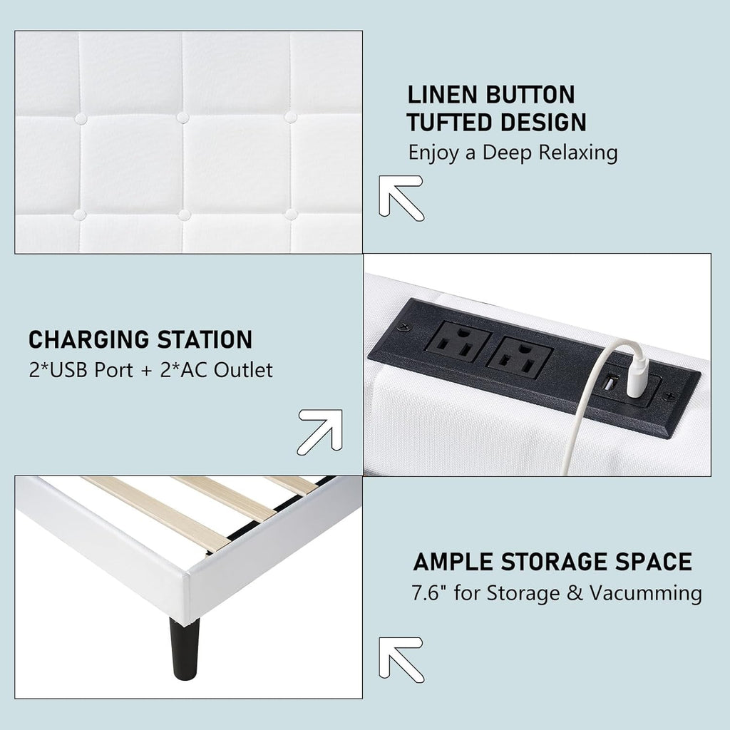 AMERLIFE Full Size Upholstered Bed Frame with LED Lights, Soft Fabric/Button Tufted Platform Bed with Charging Station/Wood Slat Support/Noise Free, White