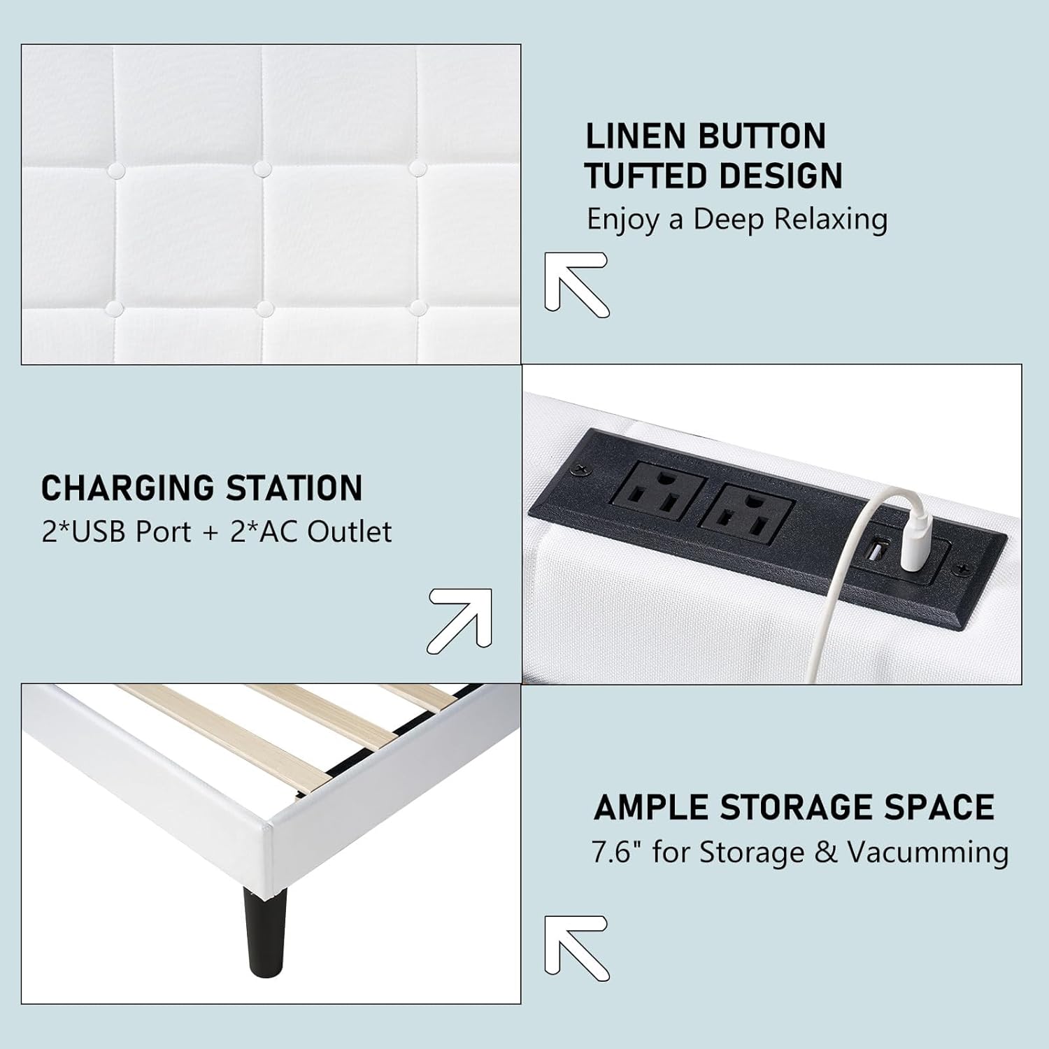 AMERLIFE Full Size Upholstered Bed Frame with LED Lights, Soft Fabric/Button Tufted Platform Bed with Charging Station/Wood Slat Support/Noise Free, White