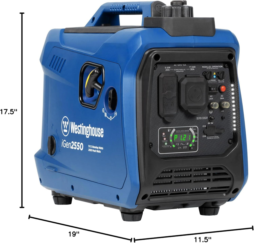 Westinghouse 2550 Peak Watt Super Quiet & Lightweight Portable Inverter Generator, RV Ready 30A Outlet, Gas Powered, Parallel Capable, Long Run Time,Blue