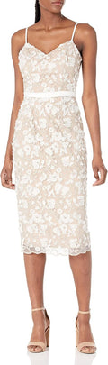 Dress The Population Womens Emma V Neck Embroidered Sleeveless Belted Midi DressDress