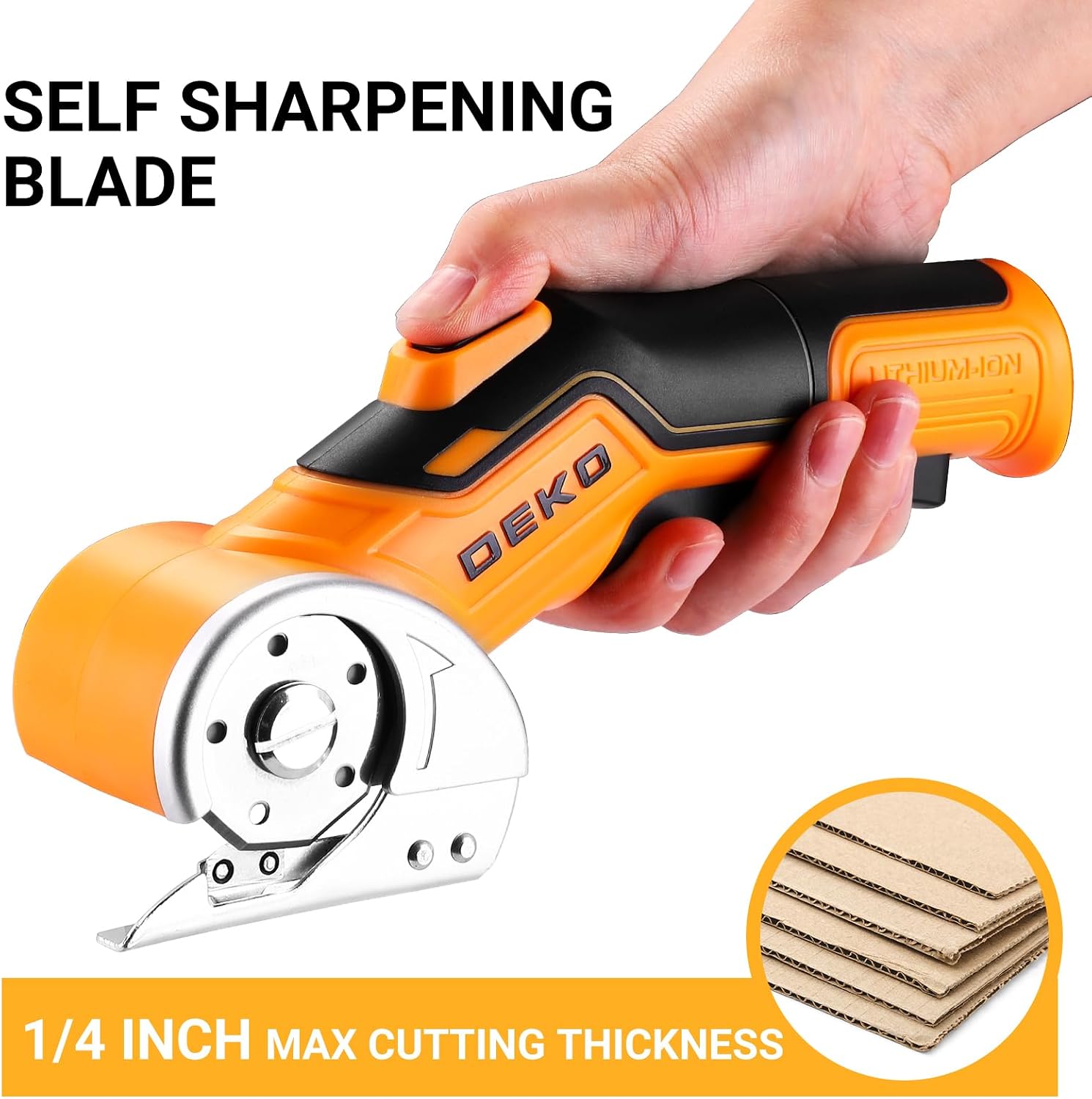 Cordless Electric Scissors Cardboard Cutter: DEKOPRO 4V 2000mAh Electric Box Cutter, Rechargeable Power Rotary Cutting Tool with Safety Lock, 389g Carpet Scissors with 2 Blade, Type-c(Yellow)