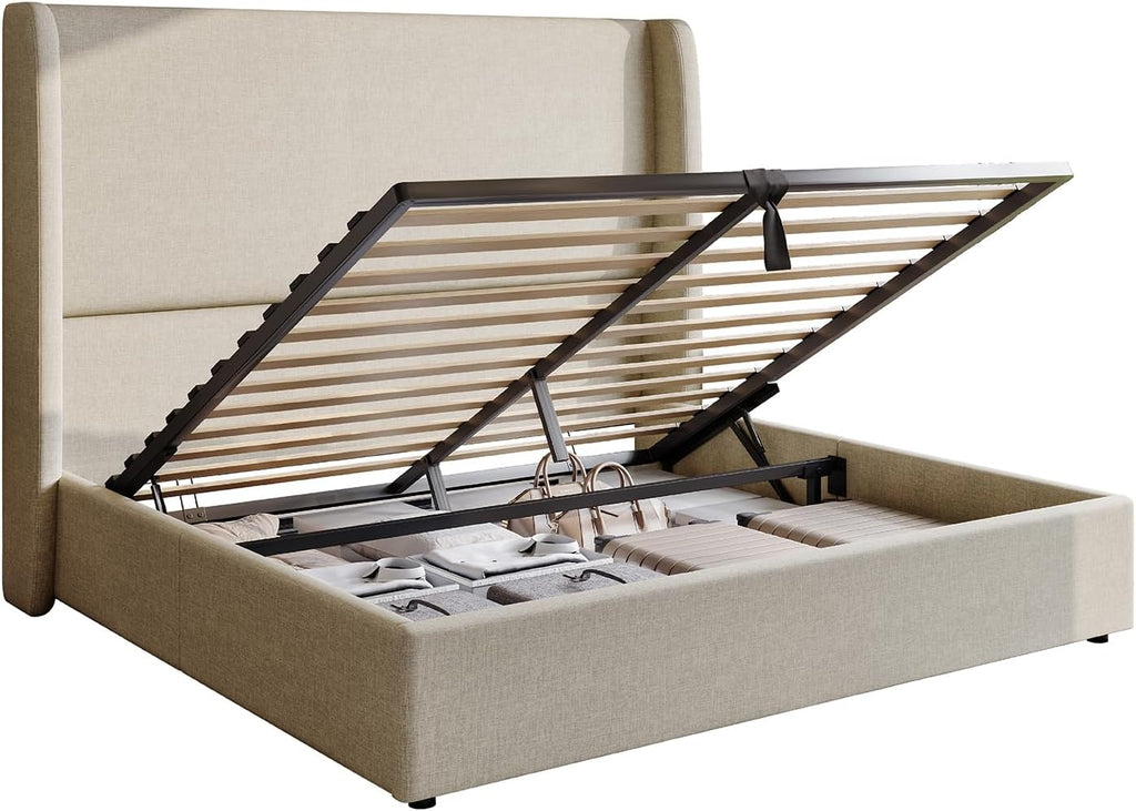 AMERLIFE Lift Up Storage Bed Queen Size Linen Upholstered Platform Bed Frame, Hydraulic Storage,Modern Wingback Headboard, No Box Spring Needed, Khaki