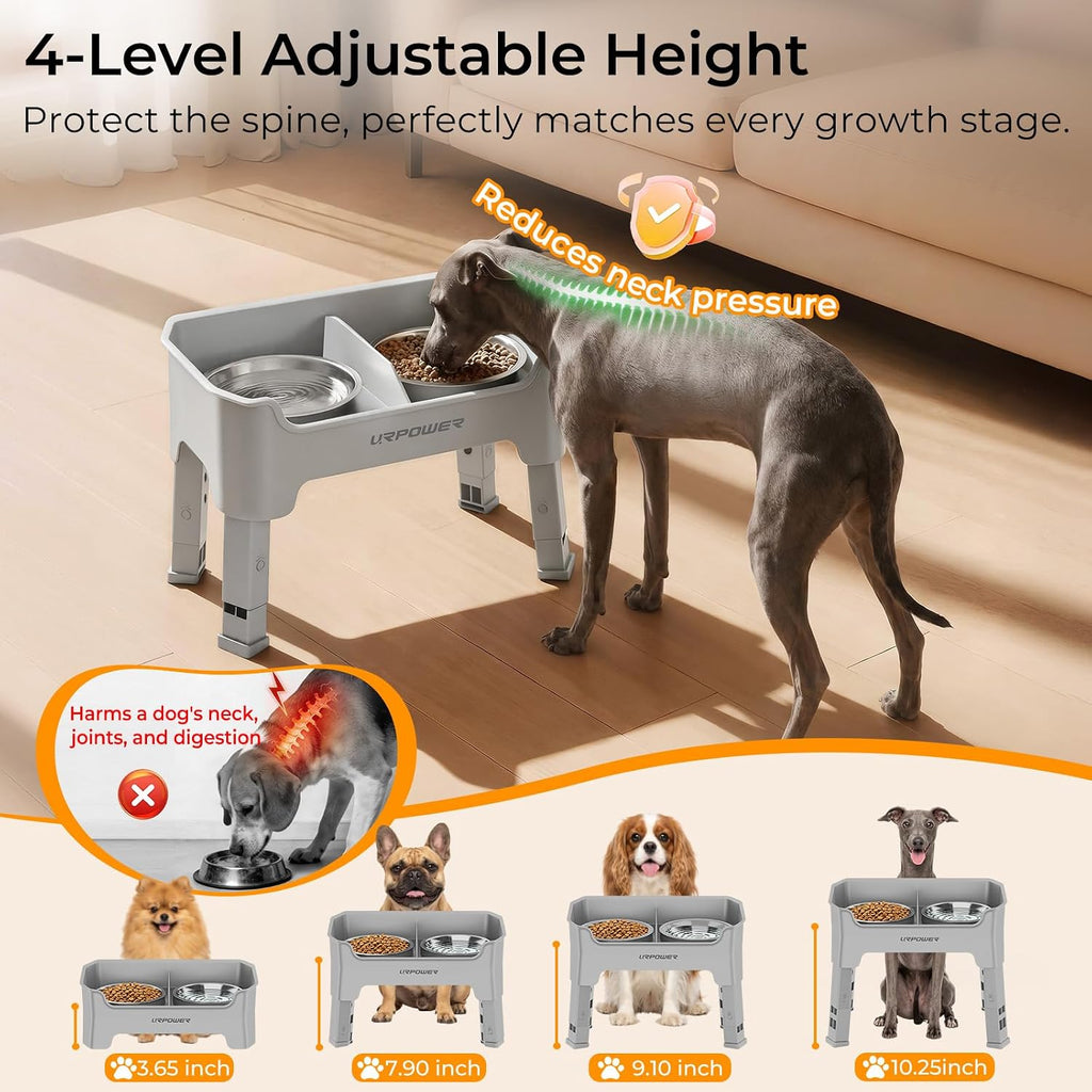 URPOWER Mess Proof Elevated Dog Bowls 4 Height Adjustable Raised Bowl Stand with 2 Stainless Steel Dog Bowls Non-Slip Food and Water Bowl Set for Small Dogs, Light Grey