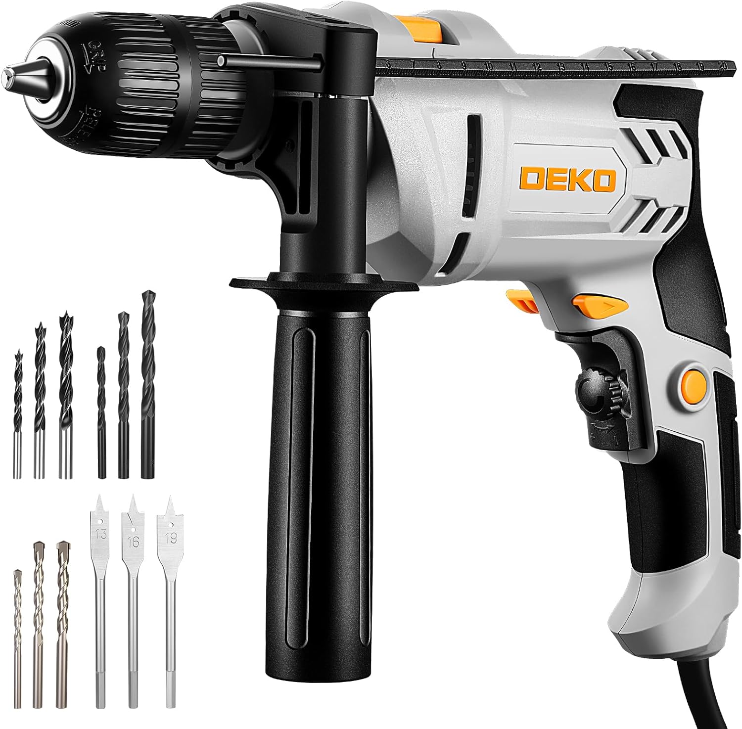 DEKOPRO 6-Amp 1/2-Inch Hammer Drill, Variable Speed Electric Corded Hammer Drill with 12pcs Bit for Concrete & Wood, 2 Functions in 1 with Keyed Metal Chuck, 360° Rotating Handle