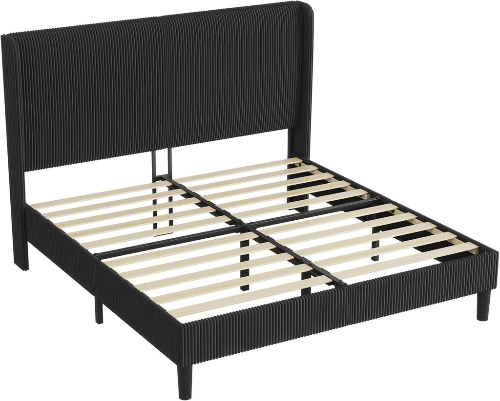 AMERLIFE Queen Bed Frame, Upholstered Platform Bed with Corduroy Headboard, Easy Assembly Modern Black Bed Frame with Wooden Slats Support, No Box Spring Needed, 8" Under-Bed Storage Clearance