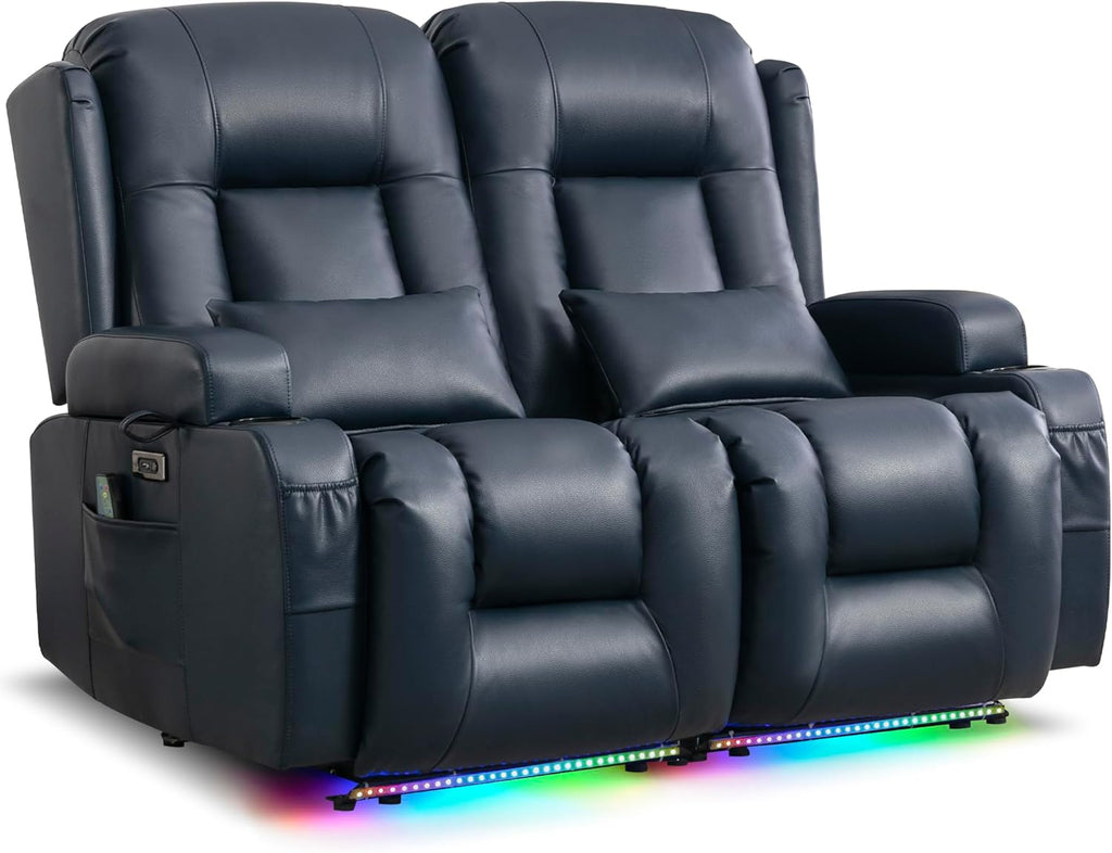 URRED Power Loveseat Recliner Sofa with Massage and Heat, Wall Hugger Reclining Loveseat, RV Couch Home Theater Seating with LED Lights for Living Room (Dark Blue, 54" - 2 Seats)