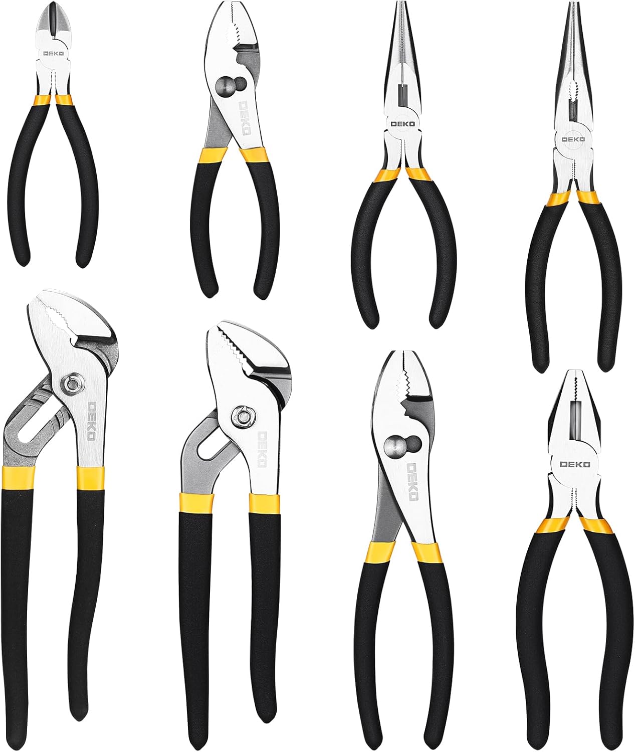 DEKOPRO 8-Piece Pliers Set, 8" & 10" Water Pump Plier, 6" & 8" Slip Joint, 8" Linesman, 6" Diagonal, 6" & 8" Long Nose Pliers with Storage Bag for Home Repair, Workshop & DIY Professional Use