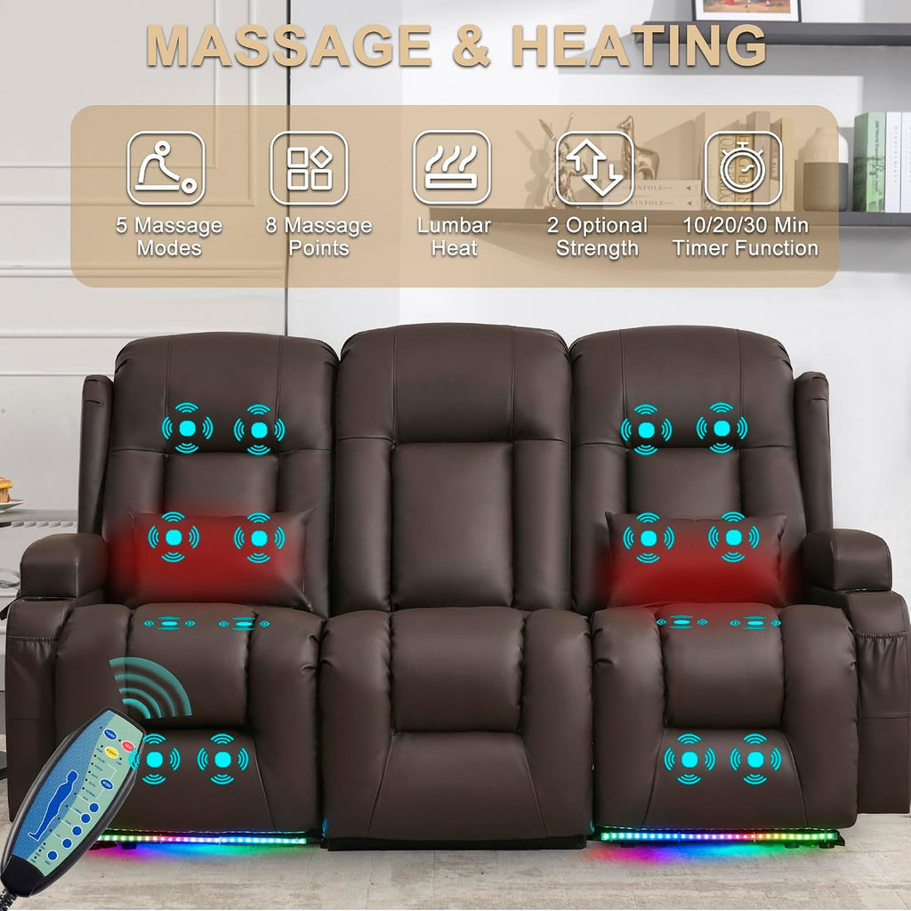 URRED Power Loveseat Recliner Sofa with Massage and Heat, Wall Hugger Reclining Loveseat with Console, RV Couch Home Theater Seating with LED Lights for Living Room (Dark Brown, 76.8" - 3 Seats)
