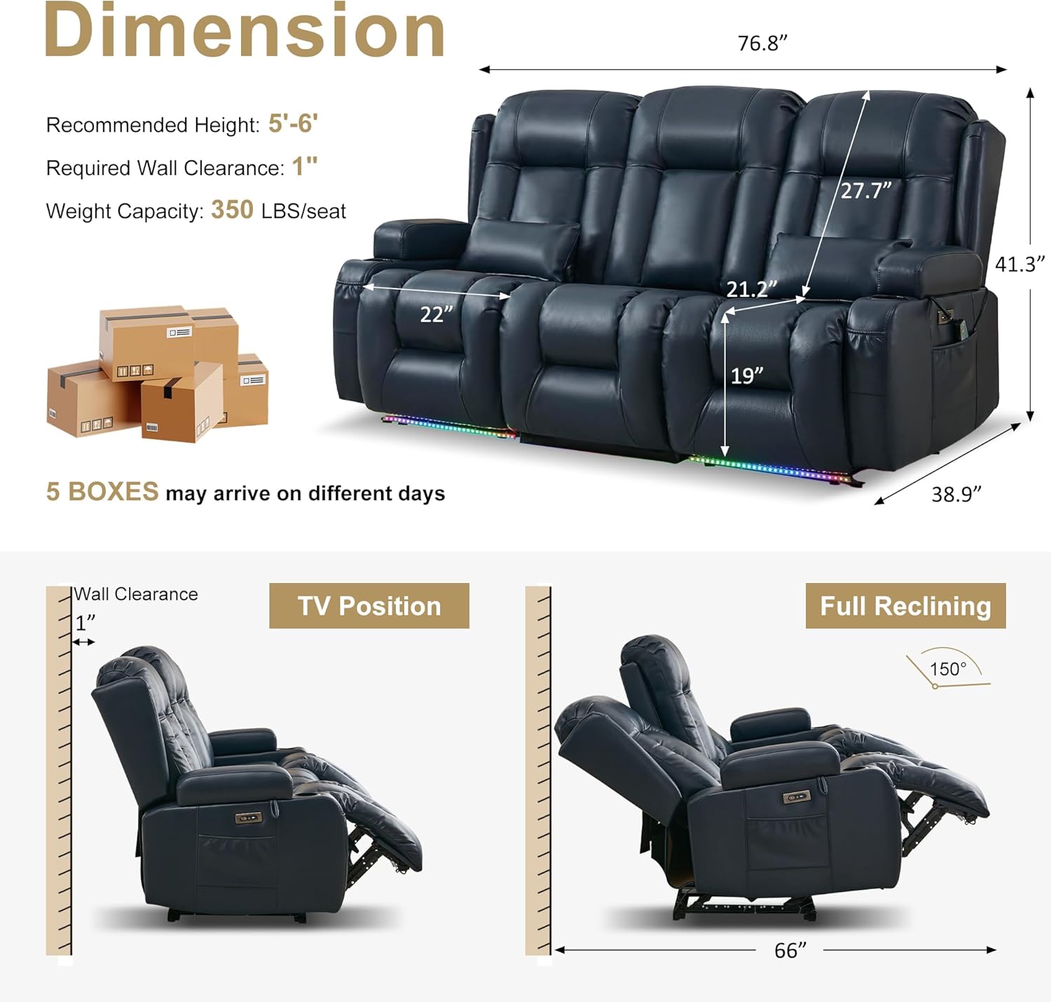 URRED Power Loveseat Recliner Sofa with Massage and Heat, Wall Hugger Reclining Loveseat with Console, RV Couch Home Theater Seating with LED Lights for Living Room (Dark Blue, 76.8" - 3 Seats)