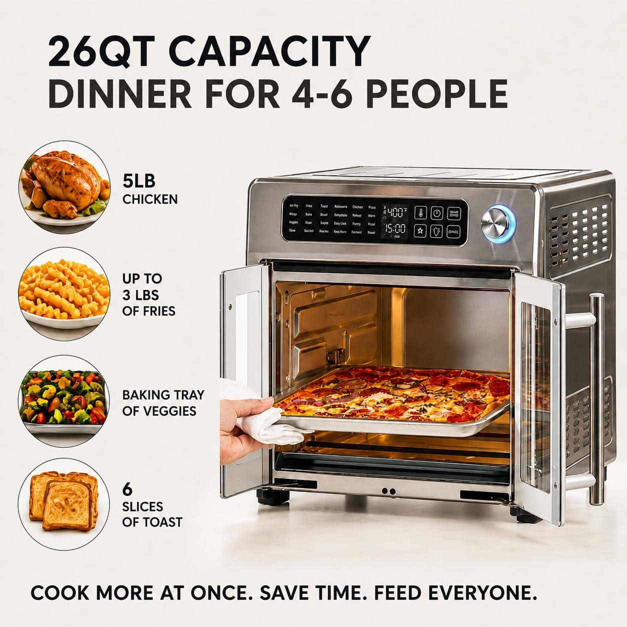 Emeril Lagasse Extra Large French Door Air Fryer Toaster Oven Combo, 24 Cooking Functions and Digital Controls, 7 Accessories Included, Stainless Steel Finish, 26QT Capacity