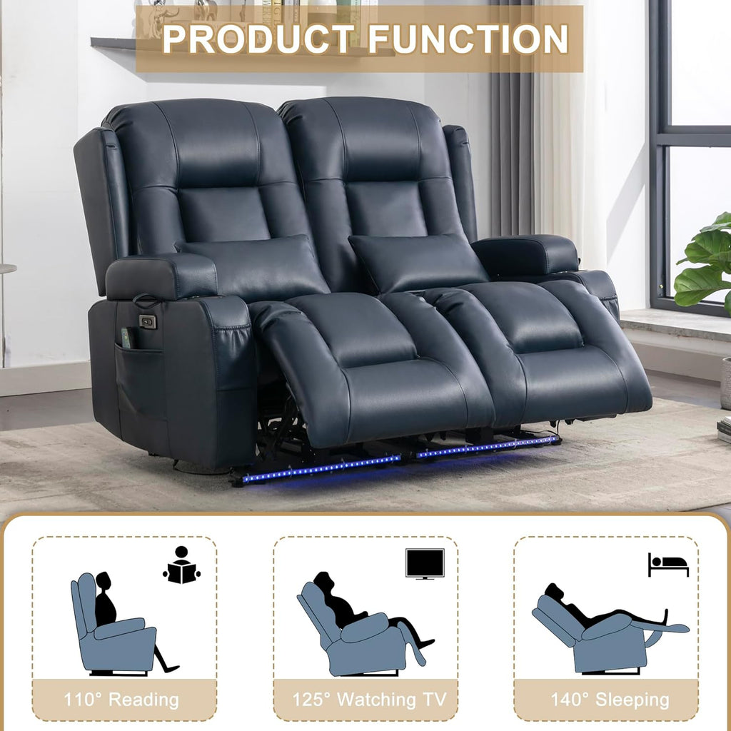 URRED Power Loveseat Recliner Sofa with Massage and Heat, Wall Hugger Reclining Loveseat, RV Couch Home Theater Seating with LED Lights for Living Room (Dark Blue, 54" - 2 Seats)