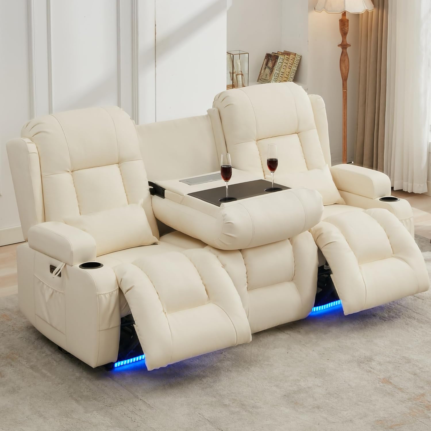 URRED Power Loveseat Recliner Sofa with Massage and Heat, Wall Hugger Reclining Loveseat with Console, RV Couch Home Theater Seating with LED Lights for Living Room (Irovy, 76.8" - 3 Seats)