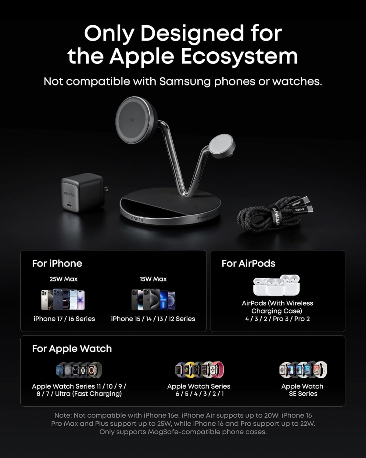 Anker Prime 3-in-1 Charging Station, Qi2.2-Certified 25W Wireless Charger Dock Stand, MagSafe Compatible, Smart Display with TEC Active Cooling, for iPhone 17, Apple Watch, AirPods, and More