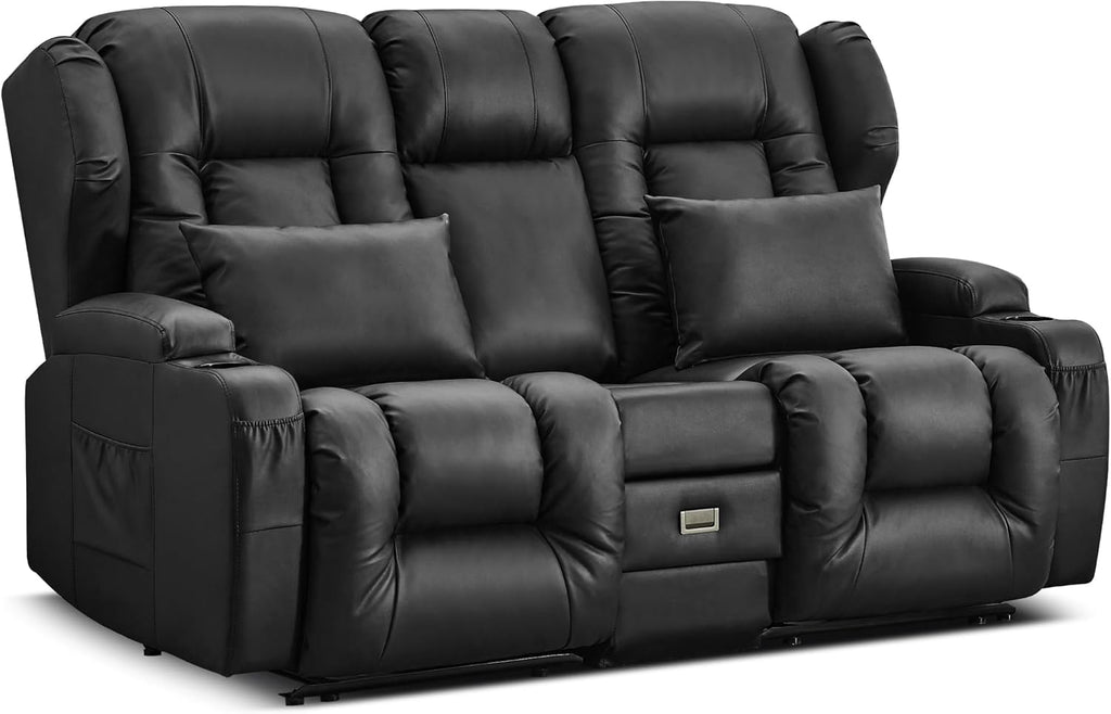 URRED Loveseat Recliner Sofa, Manual Reclining Loveseat Sofa with Flip-Down Console, Home Theater RV Recliner Couch with Cup Holders and Storage for Living Room (Black)