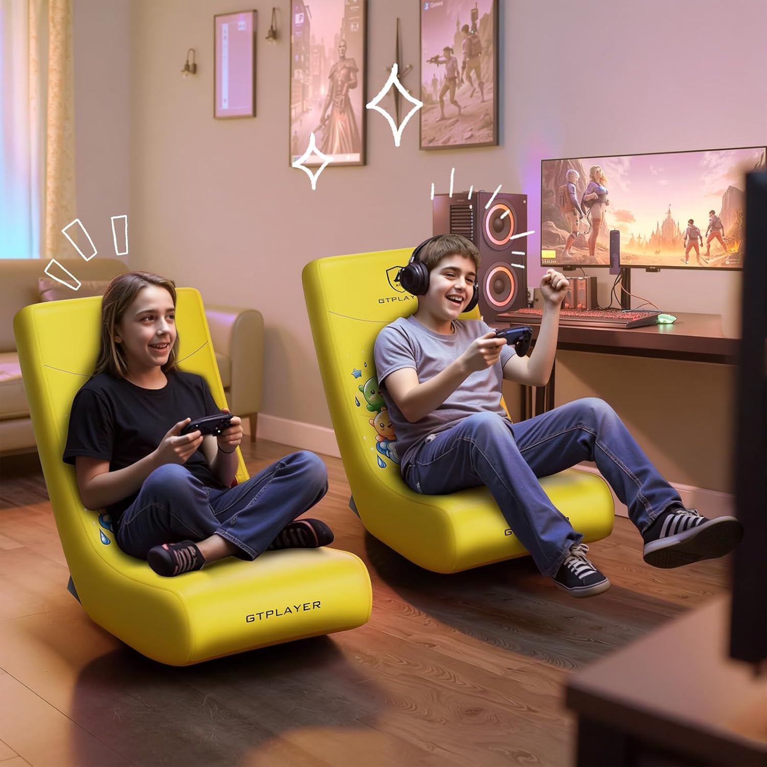 GTPLAYER Gaming Floor Rocking Chair – Rocker Floor Game Chair with Angle Limiter, Stylish Patterned Design, Comfortable Video Game Seat, Yellow Earth Pattern