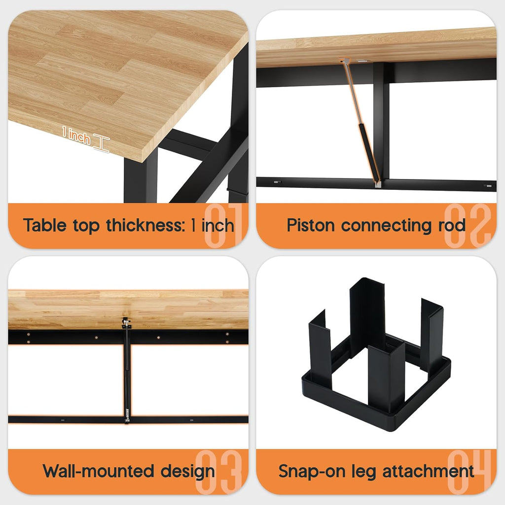 SPECRAFT 72x24 Folding Workbench, Adjustable Foldable Workbench with 2000 LBS Capacity, 30.7"-40" Height, Rubber Wood Top for Garage, Workshop, Office