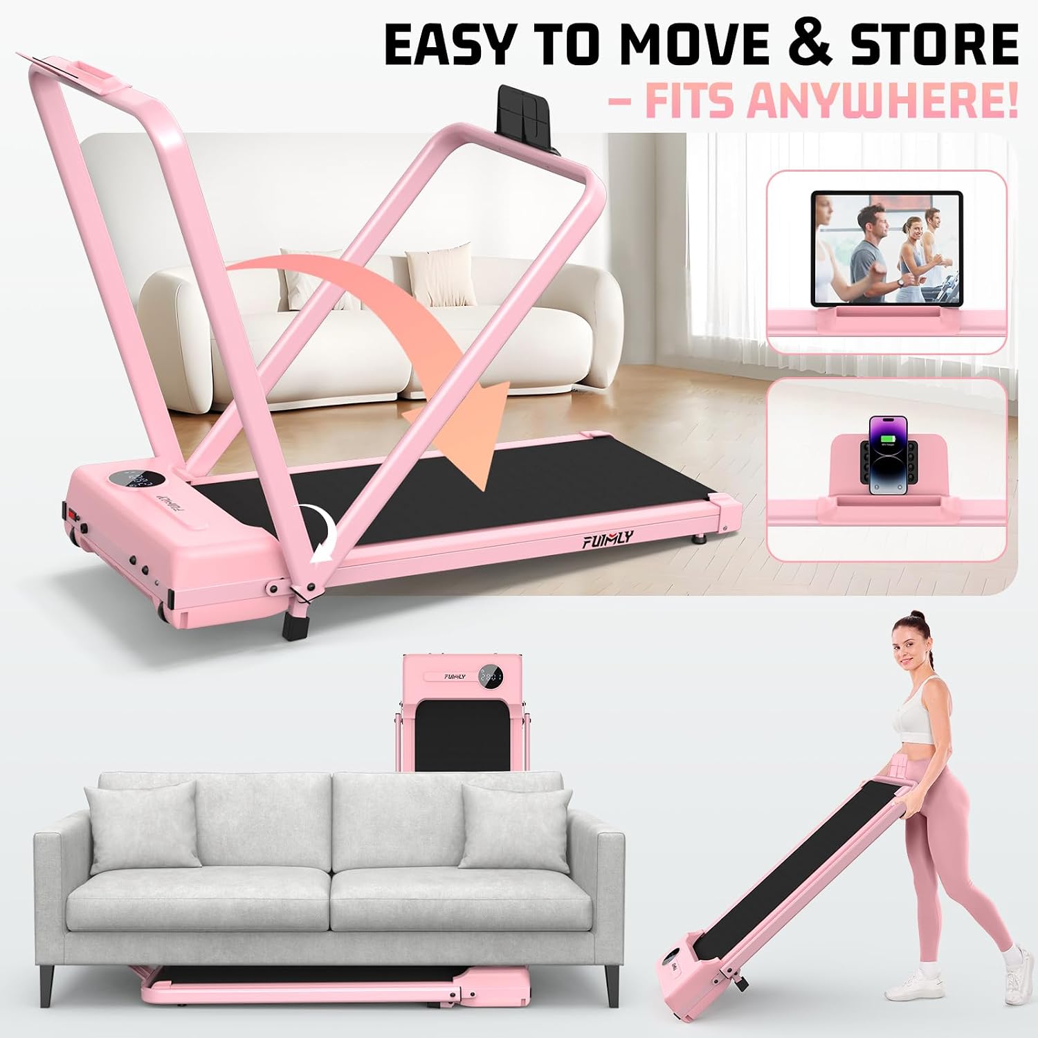 FUNMILY Walking Pad Treadmill with Incline, Foldable Treadmills for Home Office, Portable Walking Pad 300lbs Capacity, Remote Control, Led Touch Screen, 2s Folding Treadmill