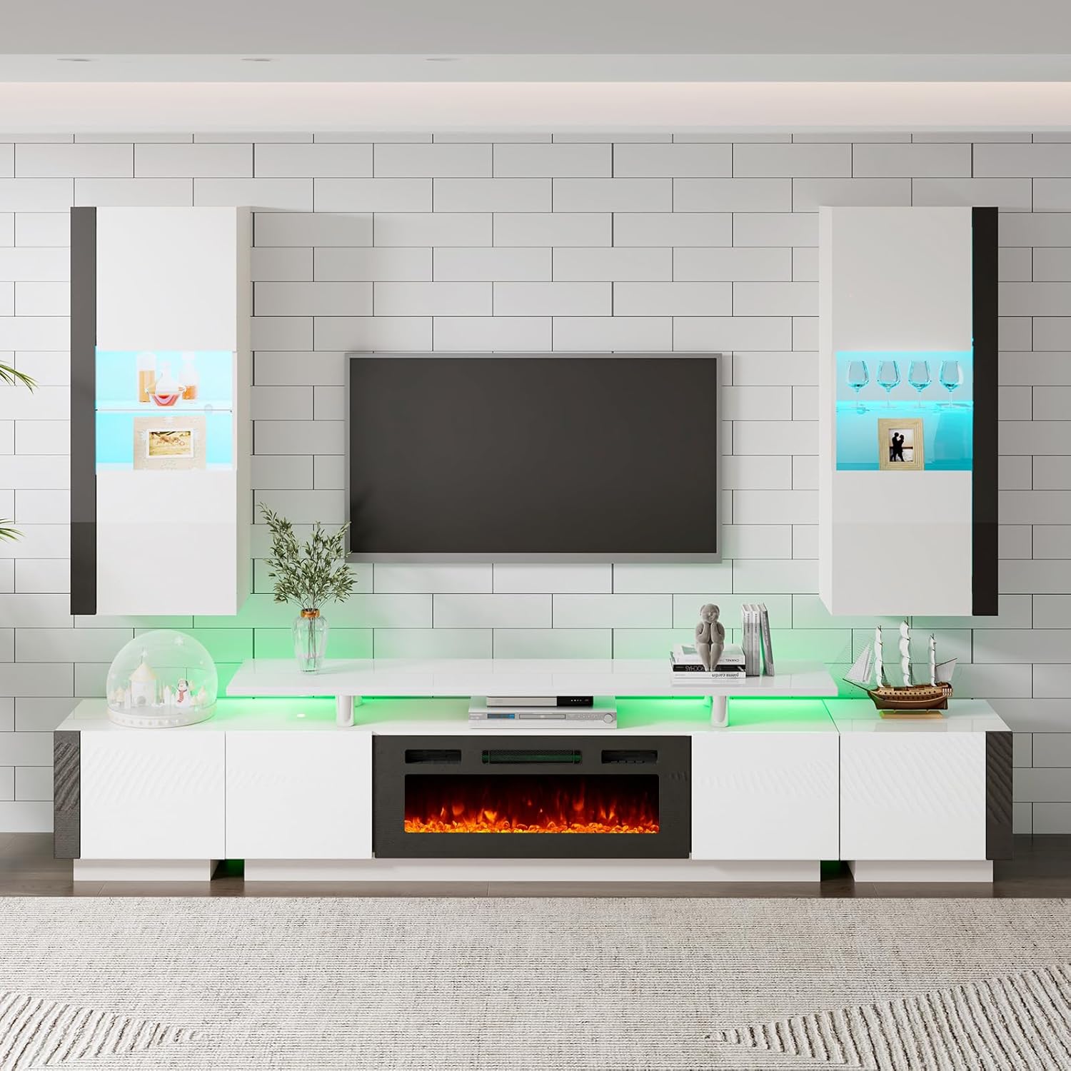 AMERLIFE 2PCS Entertainment Center Side Table Set with Storage, Modern High Gloss End Tables with 2 Cabinet Doors, for Living Room/Bedroom/Office, White/Black