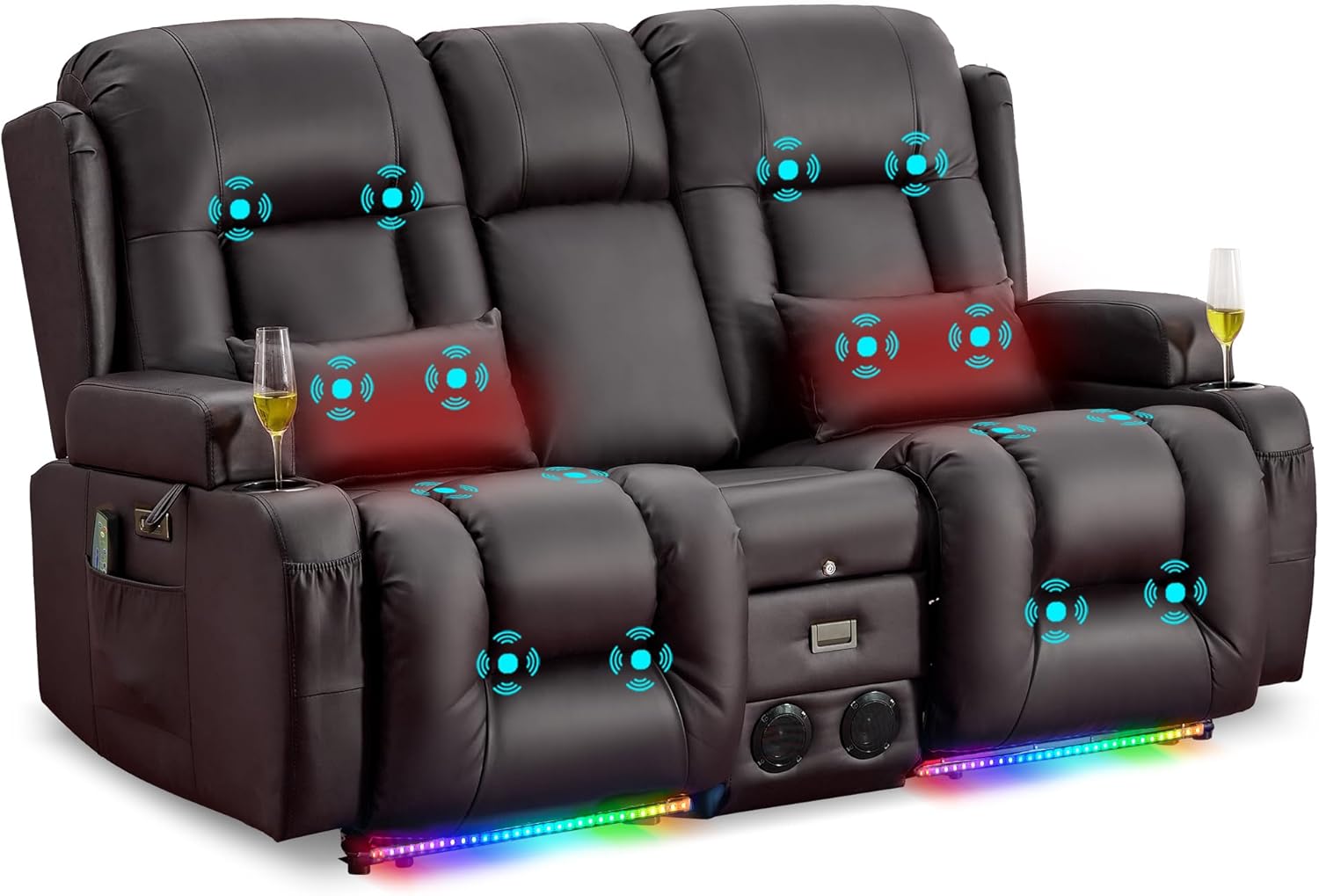 URRED Power Loveseat Recliner Sofa with Massage and Heat, Wall Hugger Reclining Loveseat with Console, RV Couch Home Theater Seating with LED Lights for Living Room (Dark Brown, 67" - 2 Seats)
