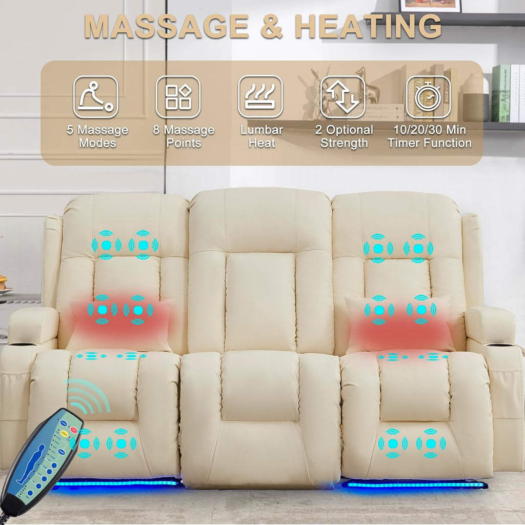 URRED Power Loveseat Recliner Sofa with Massage and Heat, Wall Hugger Reclining Loveseat with Console, RV Couch Home Theater Seating with LED Lights for Living Room (Irovy, 76.8" - 3 Seats)