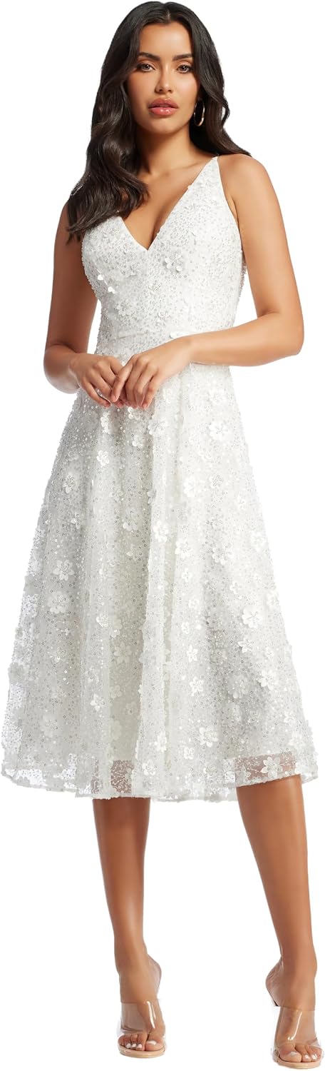 Dress the Population Women's Elisa Sleeveless Plunge Neckline Fit and Flare Midi Dress